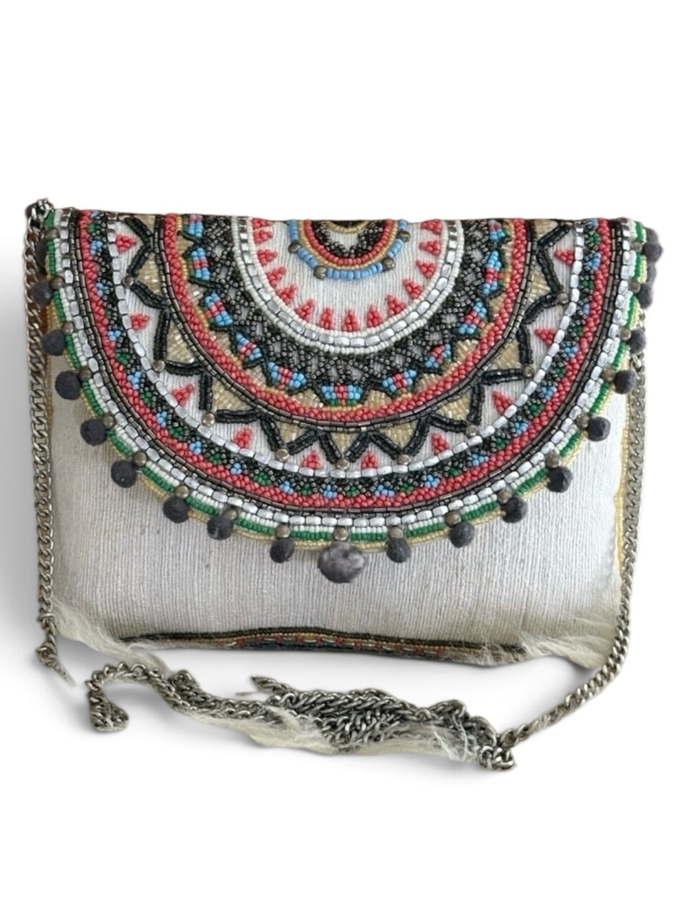 Beaded Mandala Handmade Linen Satchel Bag with Embellishments and Silver Chain